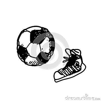 Hand drawn doodle football soccer game, gumshoes. Black pen, white background. Sport, school, children activities. Vector Illustration