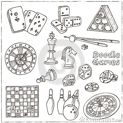 Hand drawn doodle Games set. Chess piece, casino roulette, cards, billiards. Vector Illustration