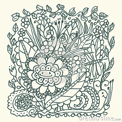 Hand drawn doodle garden with flowers and insects Vector Illustration