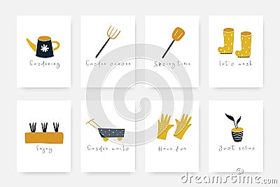 Hand drawn doodle garden tools collection including rubber boots, gloves, plants Vector Illustration