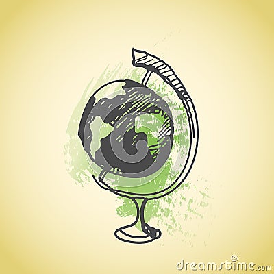 Hand drawn doodle globe. Brown pen outline, green watercolor grunge background. Geography, school, education. Vector Illustration