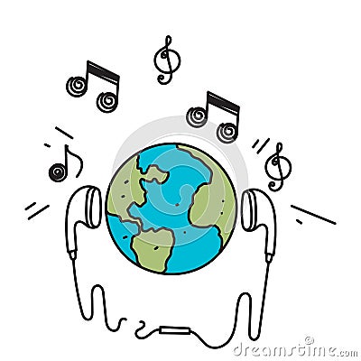 hand drawn doodle globe wearing headset listening to music illustration vector Vector Illustration