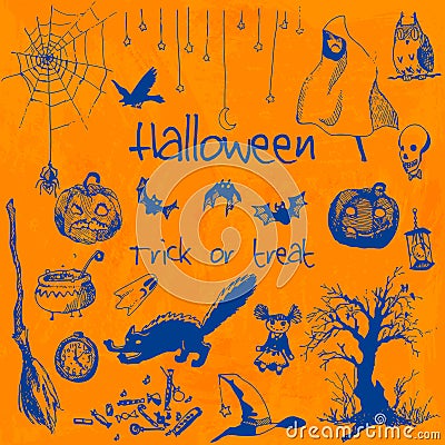 Hand drawn doodle halloween party elements. Blue objects, orange watercolor background. Design illustration for poster Vector Illustration