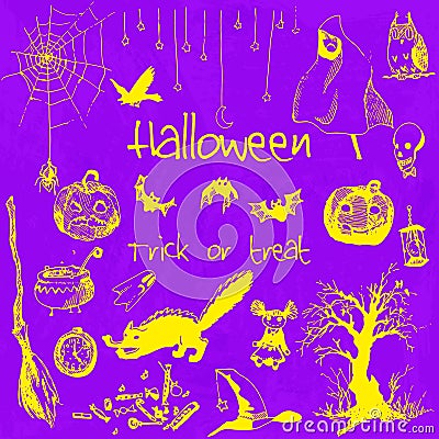 Hand drawn doodle halloween party elements. Yellow objects, violet watercolor background. Design illustration for poster Vector Illustration