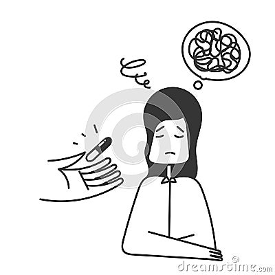 hand drawn doodle Hand giving pills to depression person illustration Vector Illustration