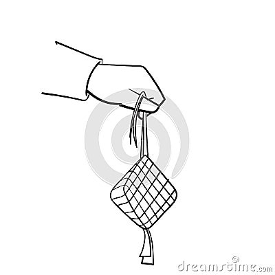 Hand drawn doodle hand holding ketupat traditional muslim food illustration icon Vector Illustration