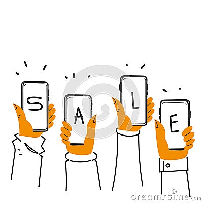 hand drawn doodle Hands holding smartphones and show SALE sign illustration Vector Illustration