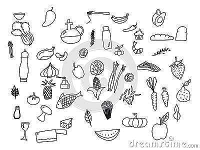 Hand drawn doodle healthy food icons set. set of black and white food and drink icons. Cartoon Illustration