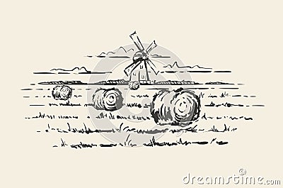 Hand drawn doodle illustration mill on wheat field background Cartoon Illustration
