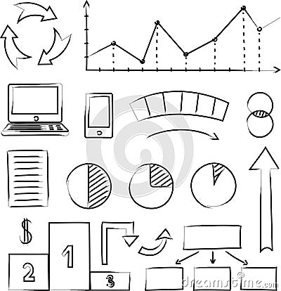 Hand drawn doodle infographic elements collection. Marker circles, pointing arrows, letters, numbers from 0 to 9, diagrams, frames Vector Illustration