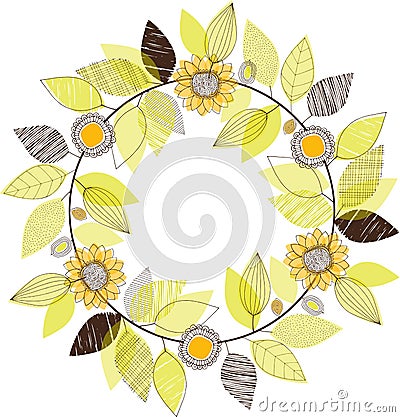 Hand drawn leaves and sunflowers wreath vector illustration Vector Illustration