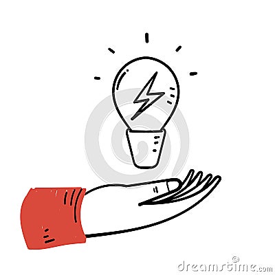 hand drawn doodle light bulb with electricity symbol Vector Illustration