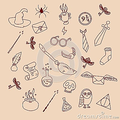 Hand drawn doodle magic things from a wizard school Vector Illustration