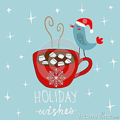 Hand Drawn Doodle Merry Christmas Card. Red Mug with Hot Chocolate Cocoa Marshmallows Kawaii Bird in Santa Claus Hat Stock Photo