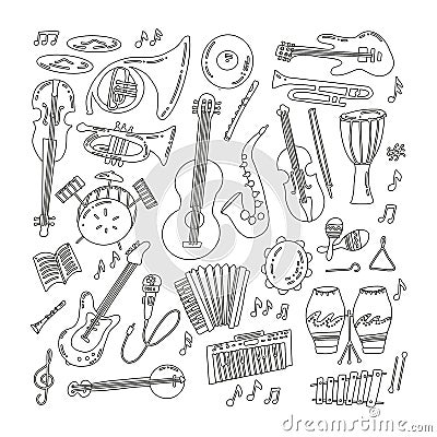 Hand drawn doodle musical instruments. Classical and jazz orchestra. Vector illustration. Vector black and white illustration Cartoon Illustration