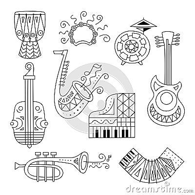 Hand drawn doodle musical instruments set. Vector Illustration