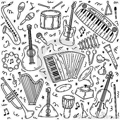 Hand drawn doodle musical instruments. Vector sketch illustration set, black outline art collection for web design, icon Vector Illustration