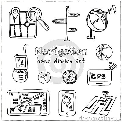 Hand drawn doodle navigation set. Vector Illustration