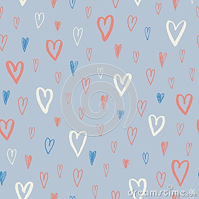 Hand Drawn Doodle Pastel Hearts Silhouettes Valentine`s Day vector Seamless Pattern. Cute Graffity Background. Line Art Vector Illustration