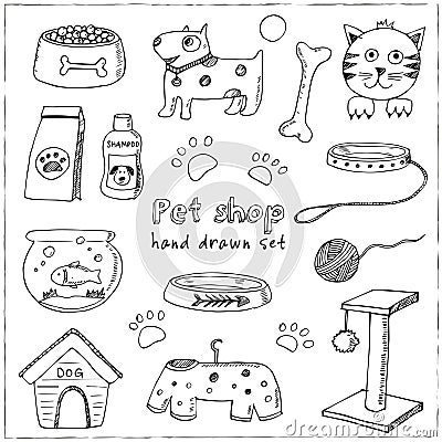 Hand drawn doodle Pets stuff and supply icons set. Vector illustration. Vet symbol collection. Cartoon dogs cats car Vector Illustration