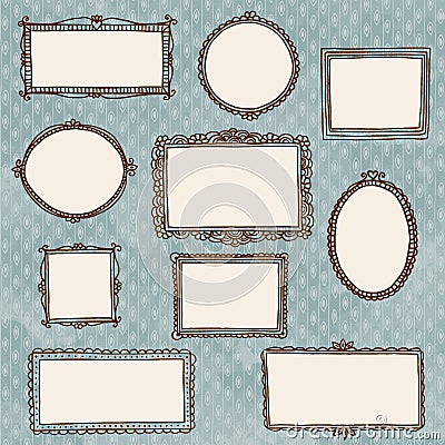 Hand drawn doodle picture frames on wallpaper Vector Illustration