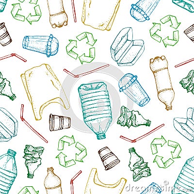 Hand drawn doodle plastic pollution seamless pattern. Vector illustration sketchy symbols collection. Bag, Bottle Vector Illustration