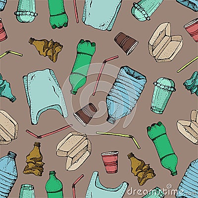 Hand drawn doodle plastic pollution seamless pattern. Vector illustration sketchy symbols collection. Bag, Bottle Vector Illustration