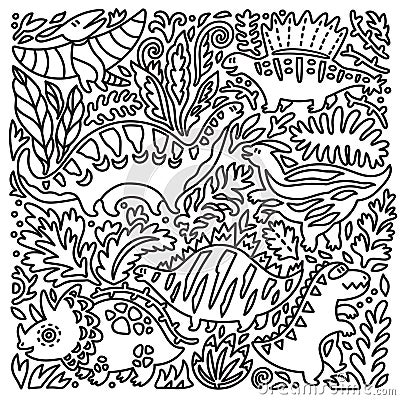 Hand drawn doodle print with cartoon dinosaurs in tropical leaves. Sketch style, vector graphic illustration Vector Illustration