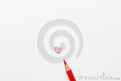 Hand Drawn Doodle Red Heart on White Paper with Pencil. Mixed Media Photograph. Valentines Mothers Day Stock Photo