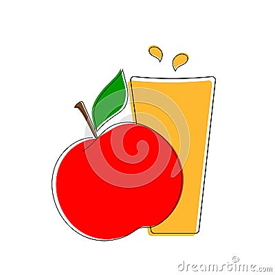 Hand drawn doodle red juicy apple on stem with green leaf juice in glass with splashes offset color fill in retro style Vector Illustration