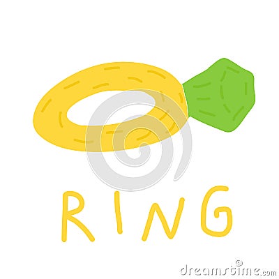 Hand drawn doodle ring with stone, childisj jewelry. Colored Simple vector illustration with with gold metall and green stone Cartoon Illustration