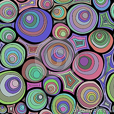 Hand drawn doodle seamless pattern with circles ornament. Crazy color palette. Psychedelic concentric circles. Vector Illustration