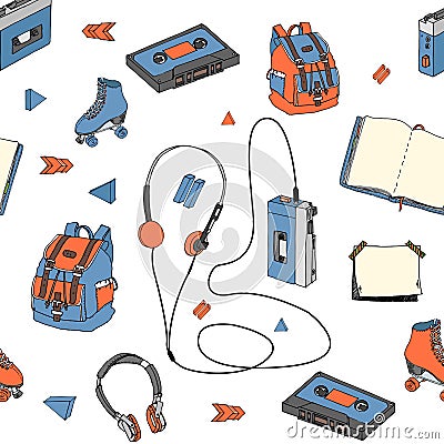 Hand drawn doodle seamless pattern with teen elements. Retro audio player, cassette, headphones, roller skates, backpack, notebook Vector Illustration