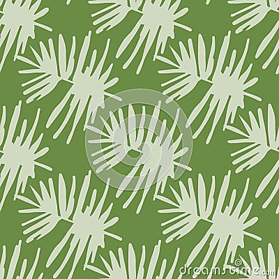 Hand drawn doodle seamless tropical leaf figures. Light pastel foliag on green background. Nature artwork Cartoon Illustration