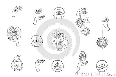Hand drawn doodle set of black line art in boho style. Collection of scenes with female witch hands holding sacred items. Isolated Cartoon Illustration