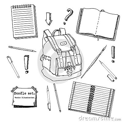 Hand drawn doodle set of school teen elements. Back to school. Writing supplies,copybook, notebook, sticky notes, backpack in cart Vector Illustration