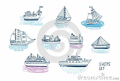 Hand drawn doodle ships set. Colorful illustrations collection. Vector Illustration