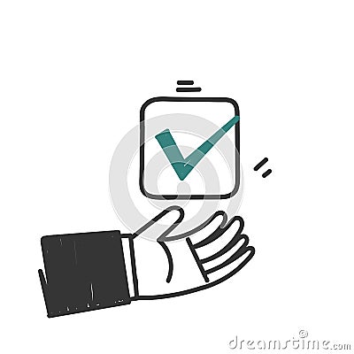 hand drawn doodle hand showing green check mark illustration vector Vector Illustration