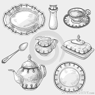 Hand drawn doodle sketch kitchen porcelain Vector Illustration