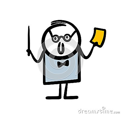 Hand drawn doodle smart teacher in glasses with a pointer and a piece of paper tells a lesson to the class. Vector Illustration