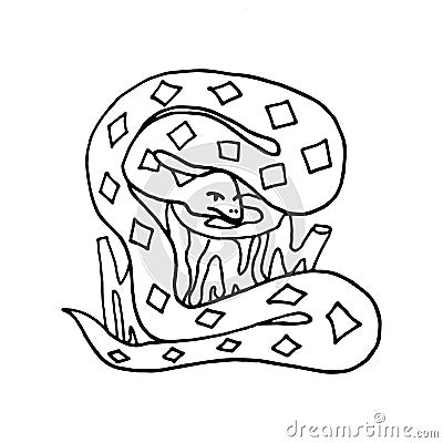 Hand drawn doodle snake on the wooden stump. Vector Illustration