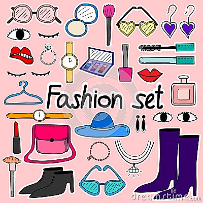 Hand Drawn Doodle Sticker Vector Fashion Set. Vector Illustration