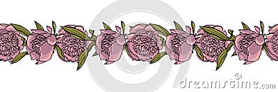 Hand drawn doodle style peony flower seamless brush, endless border. floral design element Cartoon Illustration