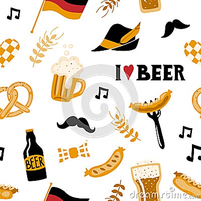 Hand drawn doodle style seamless pattern with traditional Oktoberfest attributes. Vector Illustration