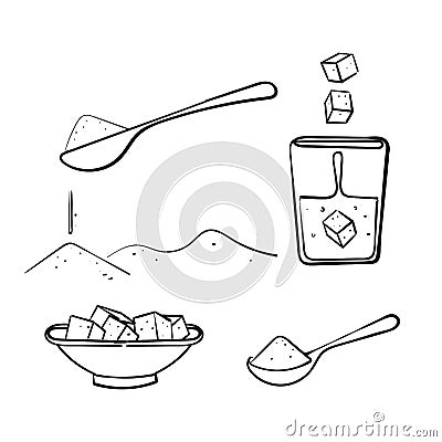 Hand drawn doodle sugar cube and spoon illustration icon collection Vector Illustration