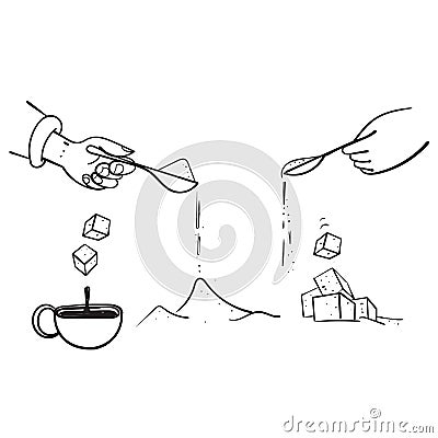 Hand drawn doodle sugar cube and spoon illustration icon collection Vector Illustration