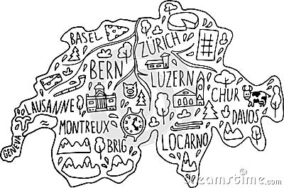 Hand drawn doodle Switzerland map. Swiss city names lettering and cartoon landmarks, tourist attractions cliparts Stock Photo