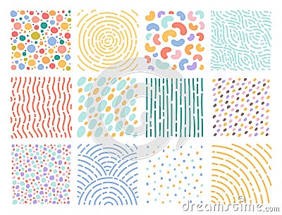 Hand drawn doodle textures. Cute spots and dashes, circular, linear patterns, trendy abstract elements, repeated strokes Vector Illustration