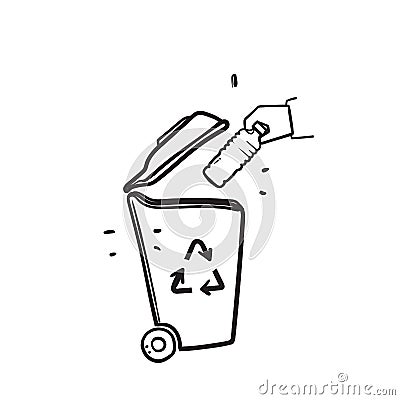 Hand drawn doodle throw plastic bottles in the trash bin illustration vector Vector Illustration