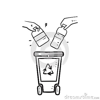 Hand drawn doodle throw plastic bottles in the trash bin illustration vector Vector Illustration